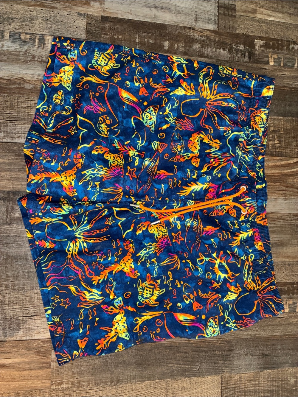 Lands' End Navy Blue Swim Trunks with Neon Tropical Swimlife Print